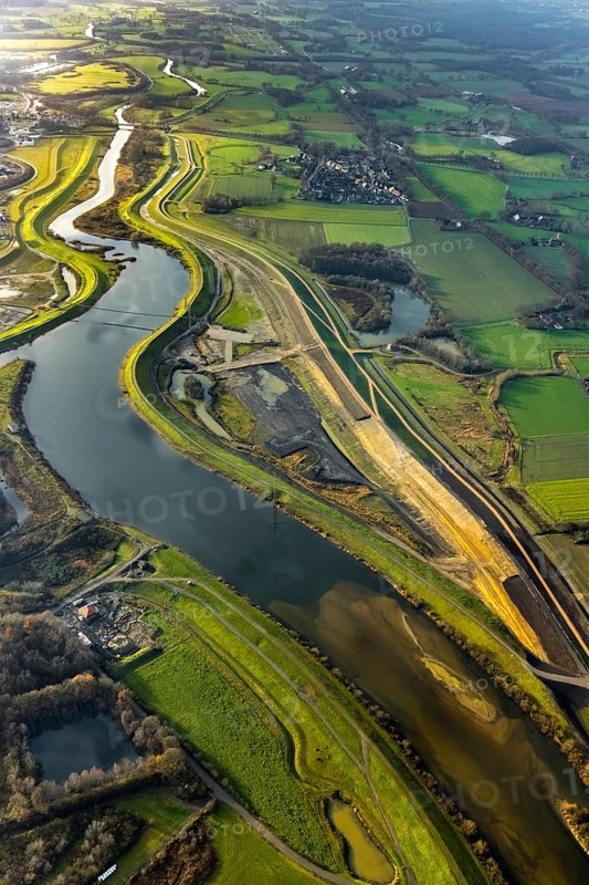 Aerial view of the Lippe floodplain and river Lippe with Lippe dike renewal and dike extension in the district of Lippramsdorf in Haltern am See in the Ruhr area in North Rhine-Westphalia, Germany