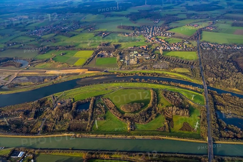 Aerial view of the former Auguste Victoria Shaft 8 mine in Lippramsdorfer Straße with the River Lippe and Lippe floodplain with dyke renewal and dyke extension in the Lippramsdorf district of Haltern am See in the Ruhr area in North Rhine-Westphalia, Germany