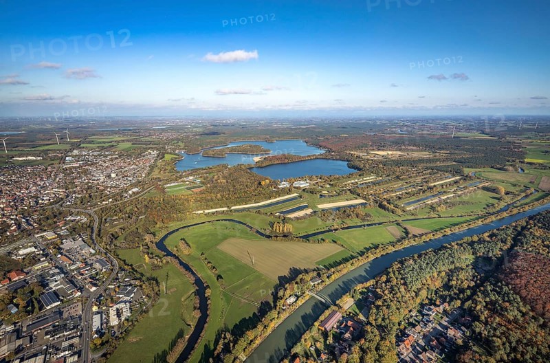 Aerial photo, GELSENWASSER AG Haltern waterworks, filter basin, Haltern reservoir, Lippe river, Wesel-Datteln canal, Haltern am See, Münsterland, Ruhr area, North Rhine-Westphalia, Germany
