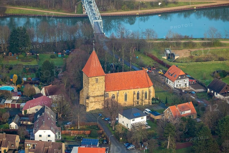 Aerial view of the church St. Maria Magdalena am Stiftsplatz in Flaesheim am Wesel-Datteln-Kanal in Haltern am See in the Ruhr area in North Rhine-Westphalia, Germany, devotional site, DE, Europe, religious community, place of worship, Haltern am See, holy site, church, parish, denomination, aerial view, aerial photograph, aerial photography, aerial photography, North Rhine-Westphalia, religion, religious site, Ruhr area, overview, bird's-eye view, Wesel-Datteln-Kanal, birds-eyes view, overview