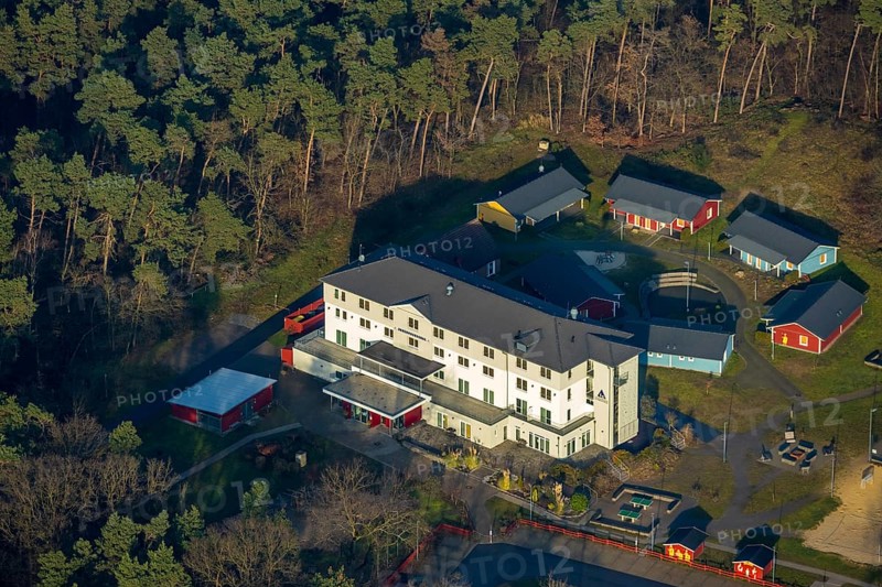 HALTERN AM SEE 16.12.2020 Aerial view of the DJH youth hostel Haltern am See in the wooded area at Stockwieser Damm in the district of Stockwiese in Haltern am See in the Ruhr area in North Rhine-Westphalia, Germany // Aerial view of the DJH youth hostel Haltern am See in the wooded area at Stockwieser Damm in the district of Stockwiese in Haltern am See in the Ruhr area in North Rhine-Westphalia, Germany. Photo: Hans Blossey, aerial photograph, aerial photography, aerial photography, aerial photo, aerofoto, aerial photograph, aerial picture, Europe, Germany, North Rhine-Westphalia, Haltern am See, DE, DJH, gastronomy, youth hostel, Ruhr area, Roman village, overview, accommodation, bird's-eye view, forest area, birds-eyes view, overview, Hullern, // Aerial photo, aerial photograph, aerial photography, aerial photo, aerofoto, aerial image, Europe, North Rhine-Westphalia, gastronomy, youth hostel, Ruhr area, Roman village, accommodation, bird's eye view, forest area