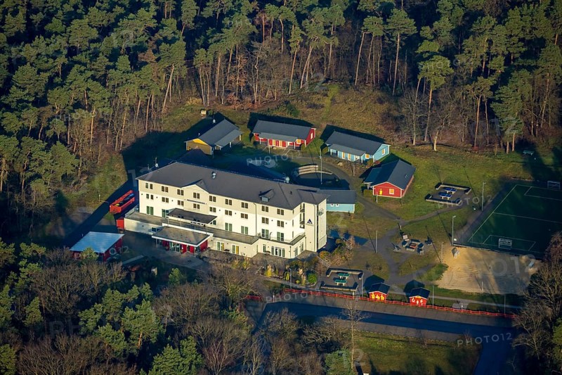 HALTERN AM SEE 16.12.2020 Aerial view of the DJH youth hostel Haltern am See in the wooded area at Stockwieser Damm in the district of Stockwiese in Haltern am See in the Ruhr area in North Rhine-Westphalia, Germany // Aerial view of the DJH youth hostel Haltern am See in the wooded area at Stockwieser Damm in the district of Stockwiese in Haltern am See in the Ruhr area in North Rhine-Westphalia, Germany. Photo: Hans Blossey, aerial photograph, aerial photography, aerial photography, aerial photo, aerofoto, aerial photograph, aerial picture, Europe, Germany, North Rhine-Westphalia, Haltern am See, DE, DJH, gastronomy, youth hostel, Ruhr area, Roman village, overview, accommodation, bird's-eye view, forest area, birds-eyes view, overview, Hullern, // Aerial photo, aerial photograph, aerial photography, aerial photo, aerofoto, aerial image, Europe, North Rhine-Westphalia, gastronomy, youth hostel, Ruhr area, Roman village, accommodation, bird's eye view, forest area