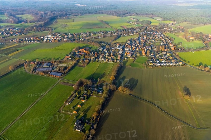 Aerial view of the catholic St.St. Anthony's Church and local view of Lavesum in Haltern am See in the Ruhr area in North Rhine-Westphalia, Germany, place of worship, DE, Europe, religious community, place of worship, property tax, Haltern am See, sacred site, real estate, church, parish, denomination, aerial view, aerial photo, aerial photography, aerial photography, North Rhine-Westphalia, religion, religious site, Ruhr area, overview, bird's-eye view, residential area, living and life, residential area, residential buildings, residential quality, residential neighbourhood, housing estate, birds-eyes view, overview, red roofs