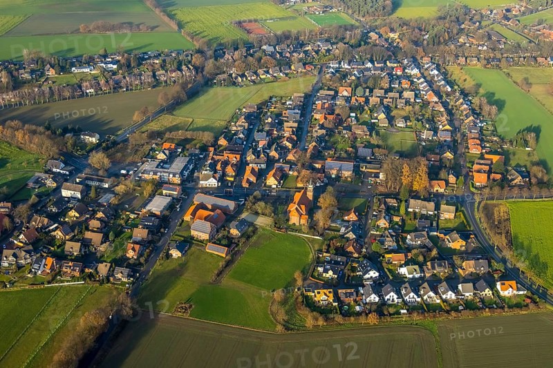 Aerial view of the catholic St.St. Anthony's Church and local view of Lavesum in Haltern am See in the Ruhr area in North Rhine-Westphalia, Germany, place of worship, DE, Europe, religious community, place of worship, property tax, Haltern am See, sacred site, real estate, church, parish, denomination, aerial view, aerial photo, aerial photography, aerial photography, North Rhine-Westphalia, religion, religious site, Ruhr area, overview, bird's-eye view, residential area, living and life, residential area, residential buildings, residential quality, residential neighbourhood, housing estate, birds-eyes view, overview, red roofs