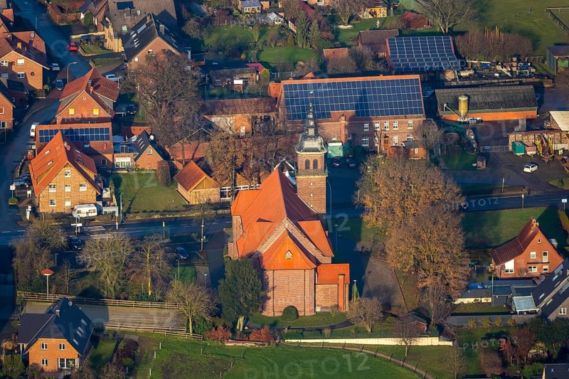 Aerial view of the catholic St.St. Anthony's Church and local view of Lavesum in Haltern am See in the Ruhr area in North Rhine-Westphalia, Germany, place of worship, DE, Europe, religious community, place of worship, property tax, Haltern am See, sacred site, real estate, church, parish, denomination, aerial view, aerial photo, aerial photography, aerial photography, North Rhine-Westphalia, religion, religious site, Ruhr area, overview, bird's-eye view, residential area, living and life, residential area, residential buildings, residential quality, residential neighbourhood, housing estate, birds-eyes view, overview, red roofs