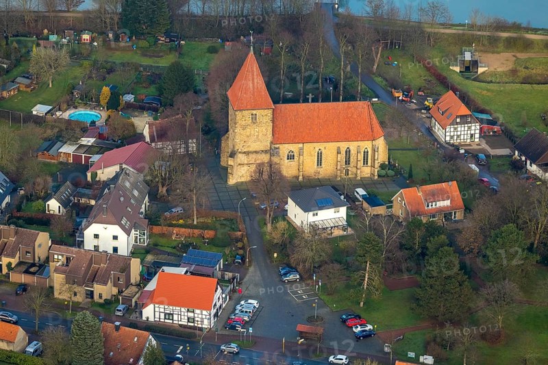 Aerial view of the church St. Maria Magdalena am Stiftsplatz in Flaesheim am Wesel-Datteln-Kanal in Haltern am See in the Ruhr area in North Rhine-Westphalia, Germany, devotional site, DE, Europe, religious community, place of worship, Haltern am See, holy site, church, parish, denomination, aerial view, aerial photograph, aerial photography, aerial photography, North Rhine-Westphalia, religion, religious site, Ruhr area, overview, bird's-eye view, Wesel-Datteln-Kanal, birds-eyes view, overview