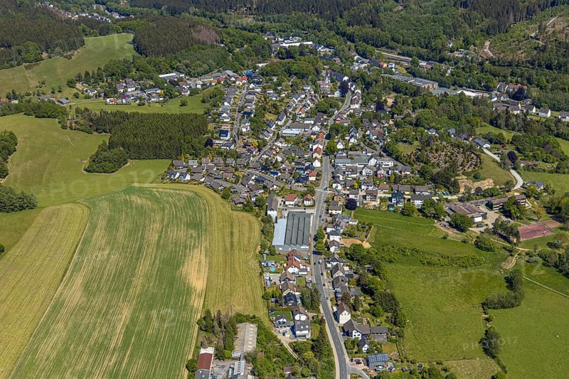 Aerial view, local view Oberbrügge, Natürlich Wohnen Massivholzmöbel GmbH, Evangelical Church Oberbrügge, Halver, Märkischer Kreis, Sauerland, North Rhine-Westphalia, Germany, place of worship, DE, Europe, religious community, church, parish, denomination, aerial view, aerial photography, aerial photography, aerial photography, religion, overview, bird's-eye view, forest area, living and life, birds-eyes view, overview