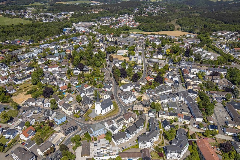 Aerial view, evang. Nicolai church, town centre, Halver, Märkischer Kreis, Sauerland, North Rhine-Westphalia, Germany, place of worship, DE, Europe, religious community, place of worship, property tax, real estate, church, parish, church square, denomination, roundabout, aerial photograph, aerial photography, aerial photography, town centre, religion, overview, bird's-eye view, residential complex, living and life, residential area, residential buildings, birds-eyes view, overview