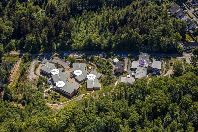 Aerial view, residential community Haus Waldfrieden, Halver, Märkischer Kreis, Sauerland, North Rhine-Westphalia, Germany, DE, Europe, residential community, aerial view, aerial photography, aerial photography, overview, bird's eye view, forest area, living and living, Zum Hälversprung, birds-eyes view, living together, overview