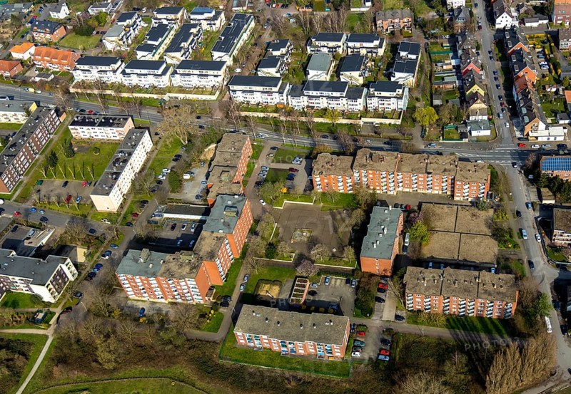 Aerial view, housing estate between Nordenstiftsweg, Rheinsberger Platz, Ruppiner Straße, Kommersch with city gardens, raised beds, Hamm, Ruhr area, North Rhine-Westphalia, Germany, DE, Europe, birds-eyes, view, aerial photograph, aerial photography, aerial photography, overview, overview, bird's eye view, living, flat, houses, residential buildings, housing estate, settlement
