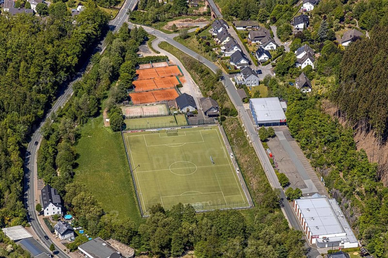 Aerial view, sports field FC Kirchhundem 1946, tennis court TC Rot-Weiß Kirchhundem, Kirchhundem, Sauerland, North Rhine-Westphalia, Germany, DE, Europe, football pitch, football stadium, football club, aerial view, aerial photography, aerial photography, Rewe Kaufpark, sports, sports facilities, sports field, sports facility, tennis, tennis facility, tennis courts, tennis club, overview, bird's-eye view, overview