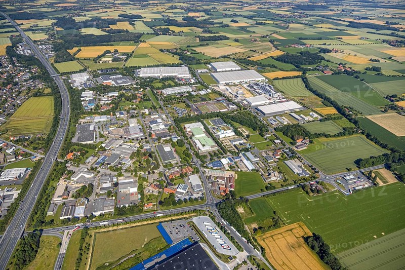 Aerial photo, Rhynern industrial estate on the A2 motorway, Rhynern, Hamm, Ruhr area, North Rhine-Westphalia, Germany, DE, Europe, birds-eyes view, aerial photo, aerial photography, aerial photography, overview, bird's eye view