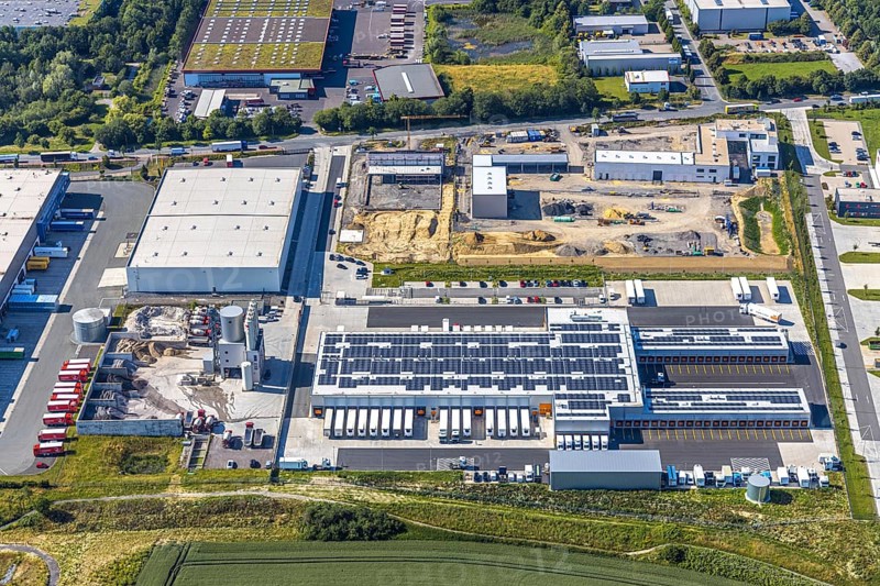 Aerial photo, Rhynern industrial estate on the A2 motorway, Rhynern, Hamm, Ruhr area, North Rhine-Westphalia, Germany, DE, Europe, birds-eyes view, aerial photo, aerial photography, aerial photography, overview, bird's eye view