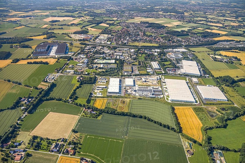 Aerial photo, Rhynern industrial estate on the A2 motorway, Rhynern, Hamm, Ruhr area, North Rhine-Westphalia, Germany, DE, Europe, birds-eyes view, aerial photo, aerial photography, aerial photography, overview, bird's eye view