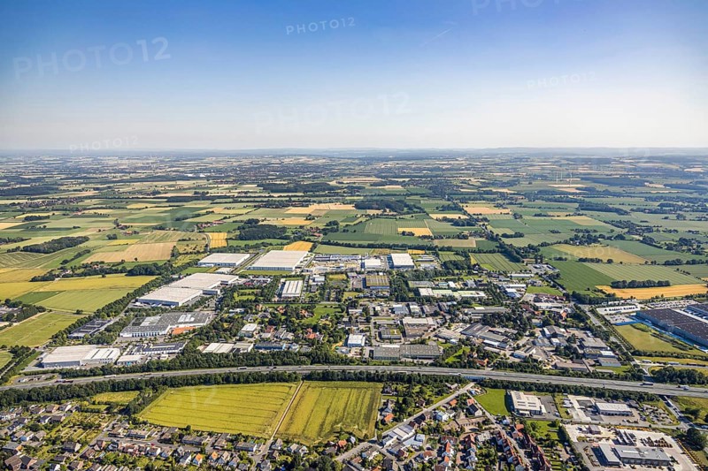 Aerial photo, Rhynern industrial estate on the A2 motorway, Rhynern, Hamm, Ruhr area, North Rhine-Westphalia, Germany, DE, Europe, birds-eyes view, aerial photo, aerial photography, aerial photography, overview, bird's eye view