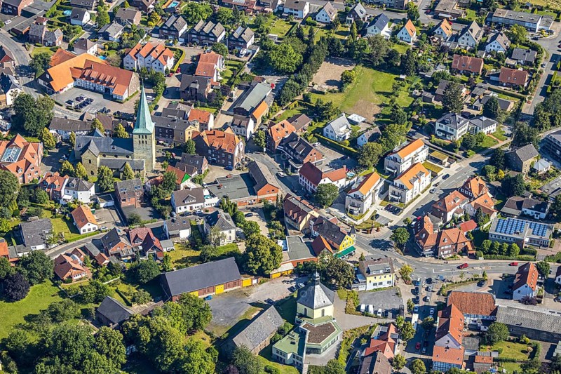 Aerial view, Rhynern centre, St. Regina church, Hamm, Ruhr area, North Rhine-Westphalia, Germany, DE, Europe, birds-eyes view, aerial photography, aerial photography, overview, bird's eye view