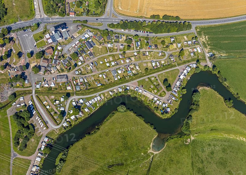 Aerial view, campsite on the Lippe, Lippborg, Lippetal, Ruhr area, North Rhine-Westphalia, Germany, DE, Europe, birds-eyes, view, aerial photography, aerial photography, overview, bird's eye view, Lippe, waterway, shipping traffic, transport, logistics, goods movement, ships, waters, overnight stay, camping, leisure, recreation, holidays, holiday, motorhome site
