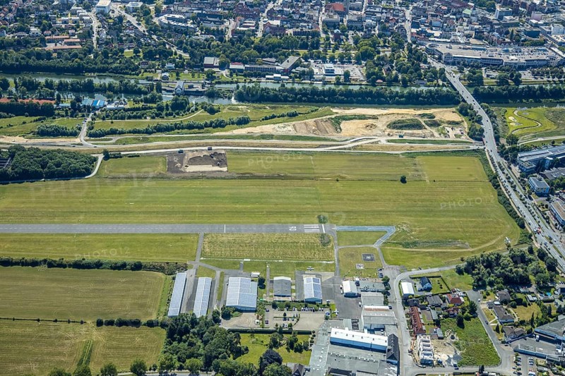 Aerial photo, construction site, Lippe floodplain, Datteln-Hamm Canal, EDLH airfield, Hamm, Ruhr area, North Rhine-Westphalia, Germany, DE, Europe, birds-eyes, view, aerial photo, aerial photography, aerial photography, overview, overview, bird's eye view, Lippe, Hamm-Datteln Canal, waterway, shipping traffic, transport, logistics, goods movement, ships, waters, airfield, flying, air sports, leisure, pilot