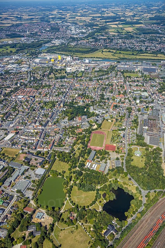 Aerial view, overview Hamm-Westen towards Bockum-Hövel, Friedrich-Ebert-Park, WDI site, Hamm, Ruhr area, North Rhine-Westphalia, Germany, DE, Europe, birds-eyes, view, aerial photography, aerial photography, aerial photography, overview, bird's eye view, Hamm-Westen, leisure, local recreation, green spaces, flowers, trees