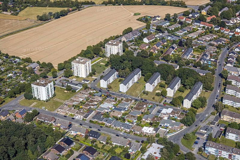 Aerial view, settlement Dasbeck, Nelkenstraße - Annemonenweg - Habichtshöhe - Veistraße, Heessen, Hamm, Ruhr area, North Rhine-Westphalia, Germany, DE, Europe, birds-eyes, view, aerial photograph, aerial photography, aerial photography, overview, overview, bird's eye view, living, flat, houses, residential buildings, housing estate, settlement