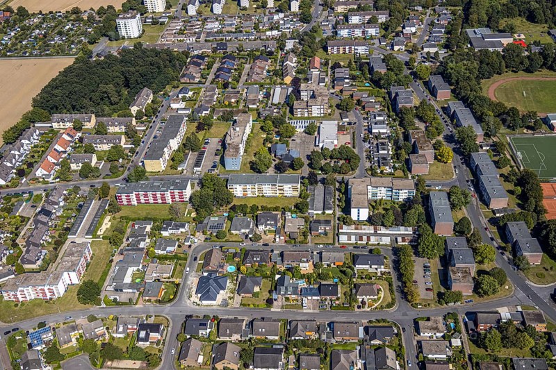 Aerial view, settlement Dasbeck, Heessen, Hamm, Ruhr area, North Rhine-Westphalia, Germany, DE, Europe, birds-eyes, view, aerial photograph, aerial photography, aerial photography, overview, bird's eye view, Hamm-Heessen, living, flat, houses, residential buildings, housing estate, settlement