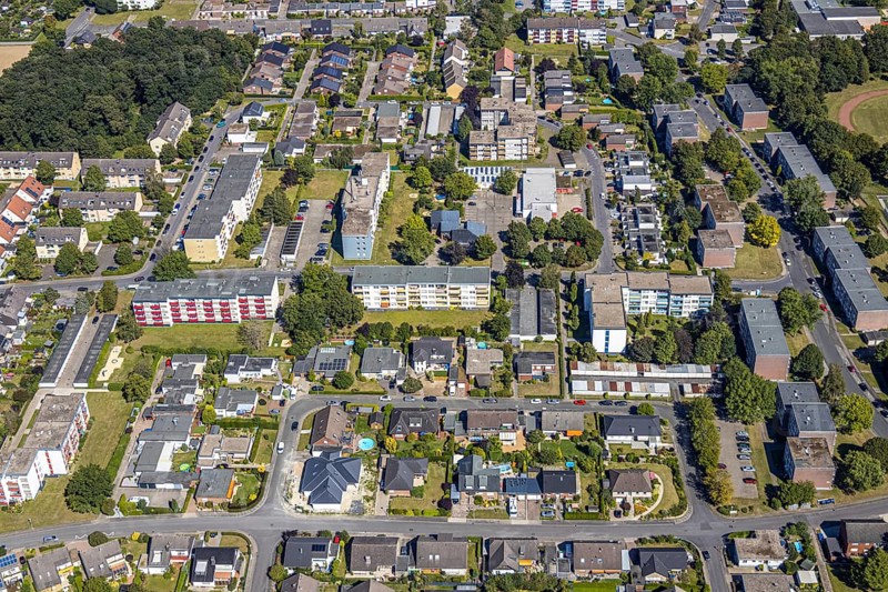 Aerial view, settlement Dasbeck, Heessen, Hamm, Ruhr area, North Rhine-Westphalia, Germany, DE, Europe, birds-eyes, view, aerial photograph, aerial photography, aerial photography, overview, bird's eye view, Hamm-Heessen, living, flat, houses, residential buildings, housing estate, settlement