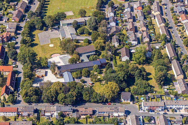 Aerial photo, special school Erich-Kästner-Schule, primary school Gutenbergschule, Heessen, Hamm, Ruhr area, North Rhine-Westphalia, Germany, DE, Europe, birds-eyes, view, aerial photograph, aerial photography, aerial photography, overview, overview, bird's eye view, education, pupils, college, education, school year, homework, class, year group, education, pedagogy, special school