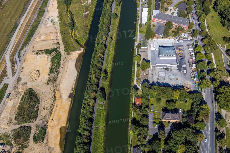 Aerial view, construction site Lippe floodplain, construction site water sports centre, Datteln-Hamm canal, Hamm, Ruhr area, North Rhine-Westphalia, Germany, DE, Europe, birds-eyes, view, aerial photograph, aerial photography, aerial photography, overview, bird's eye view, water sports centre, Lippe, waterway, shipping traffic, transport, logistics, goods movement, ships, waters