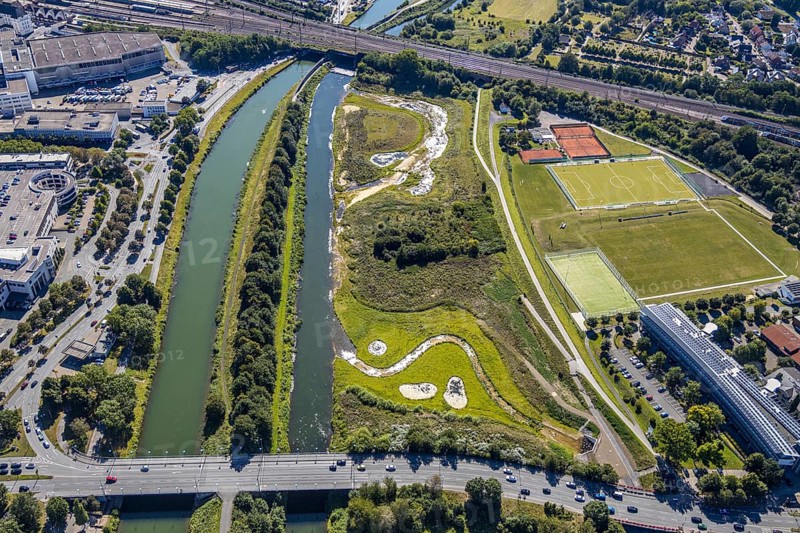 Aerial view, construction site Lippe floodplain, construction site water sports centre, sports fields of the HTC hockey and tennis club Hamm, Datteln-Hamm canal, Hamm, Ruhr area, North Rhine-Westphalia, Germany, DE, Europe, birds-eyes, view, aerial view, aerial photography, aerial photography, overview, bird's eye view, water sports centre, Lippe, waterway, shipping, transport, logistics, goods movement, ships, waters