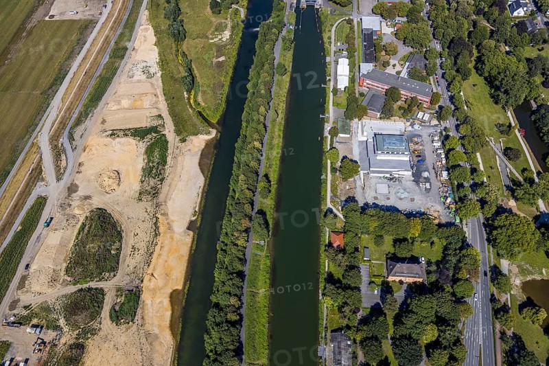 Aerial view, construction site Lippe floodplain, construction site water sports centre, Datteln-Hamm canal, Hamm, Ruhr area, North Rhine-Westphalia, Germany, DE, Europe, birds-eyes, view, aerial photograph, aerial photography, aerial photography, overview, bird's eye view, water sports centre, Lippe, waterway, shipping traffic, transport, logistics, goods movement, ships, waters