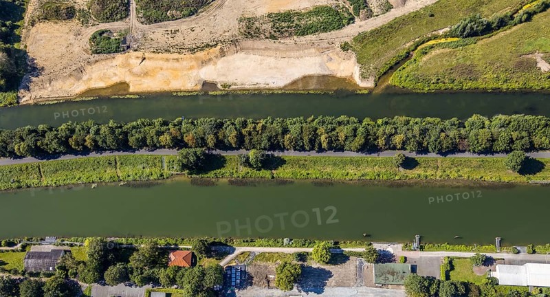 Aerial view, construction site Lippe floodplain, construction site water sports centre, Datteln-Hamm canal, Hamm, Ruhr area, North Rhine-Westphalia, Germany, DE, Europe, birds-eyes, view, aerial photograph, aerial photography, aerial photography, overview, bird's eye view, water sports centre, Lippe, waterway, shipping traffic, transport, logistics, goods movement, ships, waters