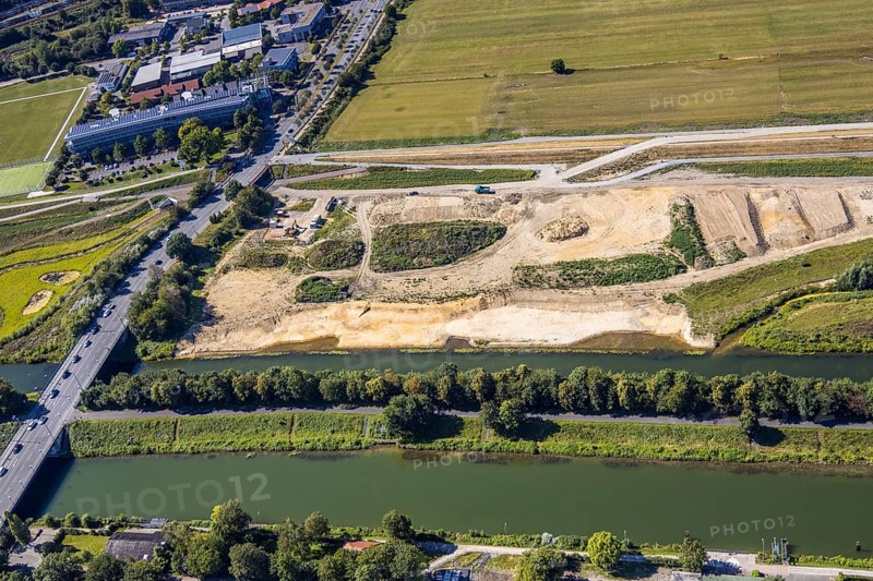 Aerial view, construction site Lippe floodplain, construction site water sports centre, Datteln-Hamm canal, airfield EDLH, Hamm, Ruhr area, North Rhine-Westphalia, Germany, DE, Europe, birds-eyes, view, aerial photograph, aerial photography, aerial photography, overview, overview, bird's eye view, water sports centre, Lippe, waterway, shipping traffic, transport, logistics, goods movement, ships, waters