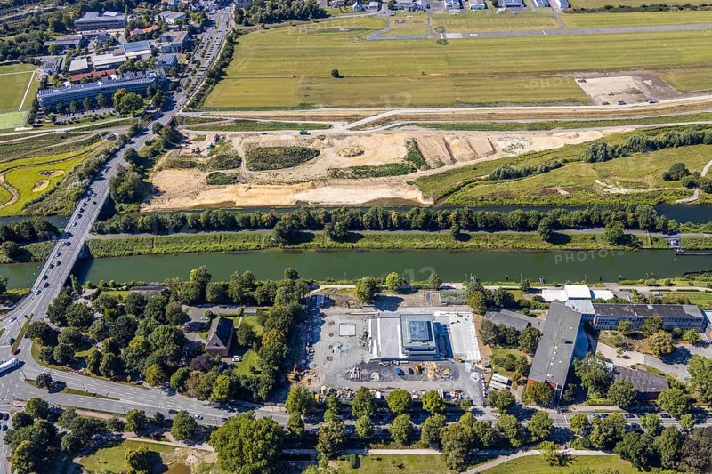 Aerial view, construction site Lippe floodplain, construction site water sports centre, Datteln-Hamm canal, airfield EDLH, Hamm, Ruhr area, North Rhine-Westphalia, Germany, DE, Europe, birds-eyes, view, aerial photograph, aerial photography, aerial photography, overview, overview, bird's eye view, water sports centre, Lippe, waterway, shipping traffic, transport, logistics, goods movement, ships, waters