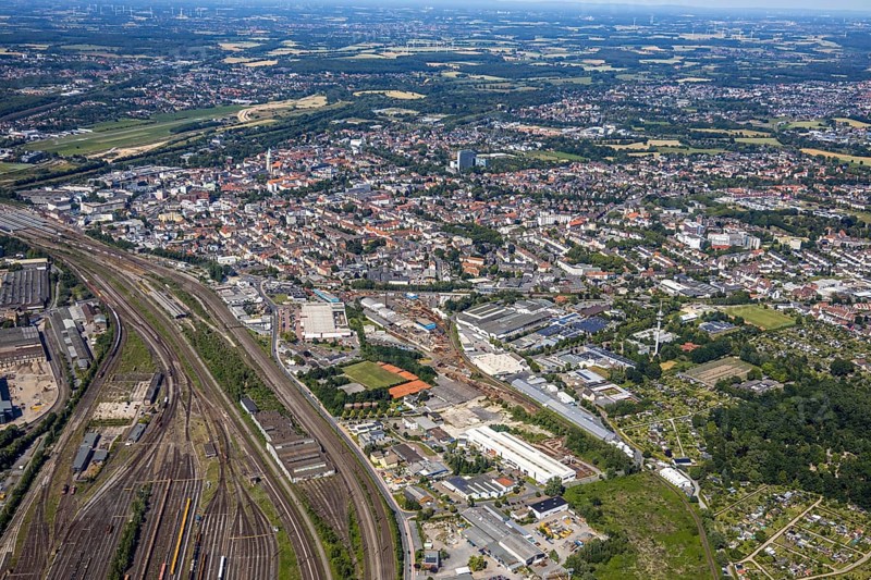 Aerial view, overview centre, marshalling yard, Hamm, Ruhr area, North Rhine-Westphalia, Germany, DE, Europe, birds-eyes, view, aerial photography, aerial photography, aerial photography, overview, bird's eye view, centre, freight, freight yard, goods trains, freight traffic, transport, logistics