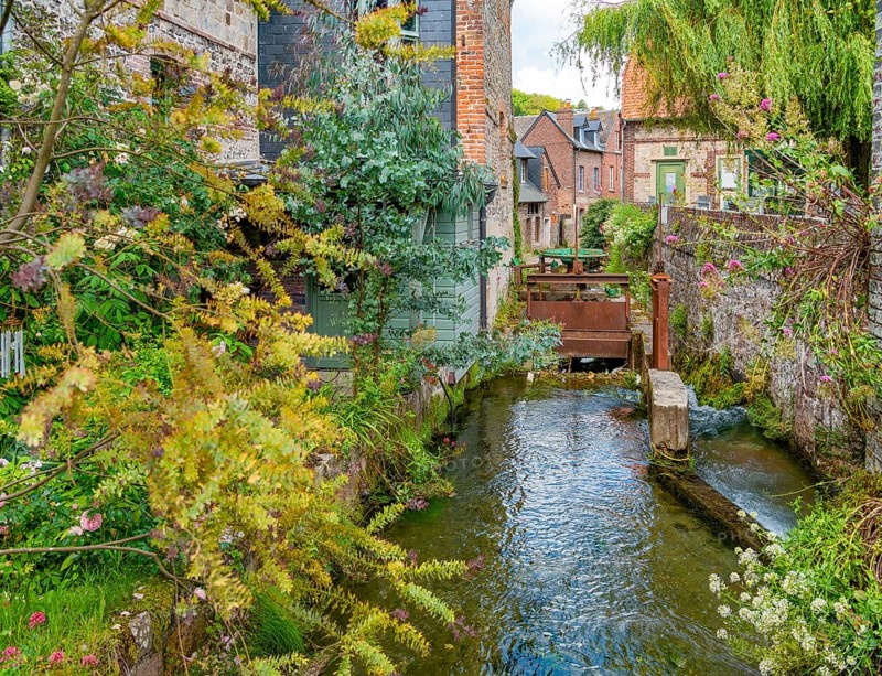 Scenery around river Veules in Veules-les-Roses, a commune in the Seine-Maritime department in the Normandy region in northern France