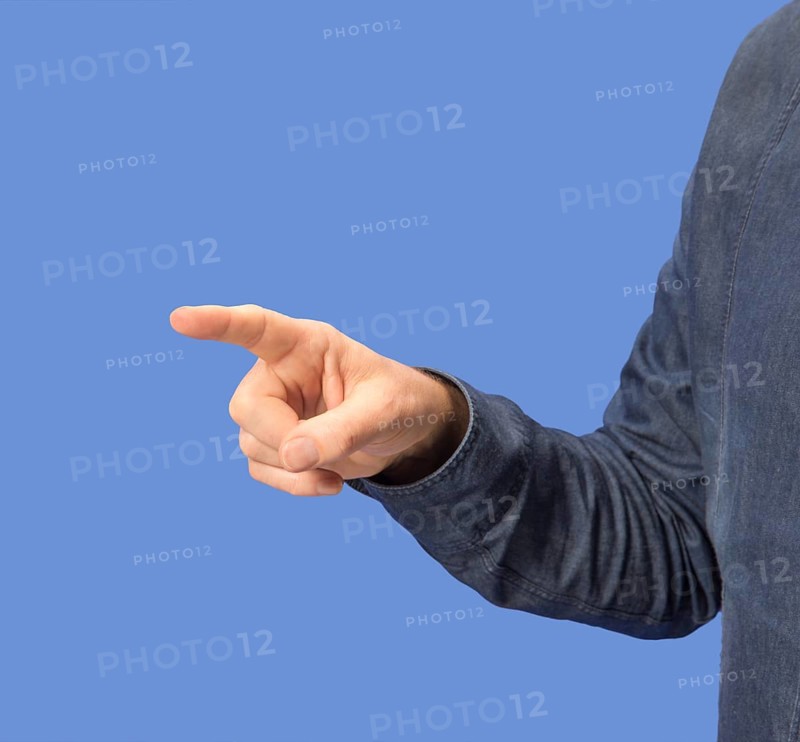 Pointing male hand in blue back
