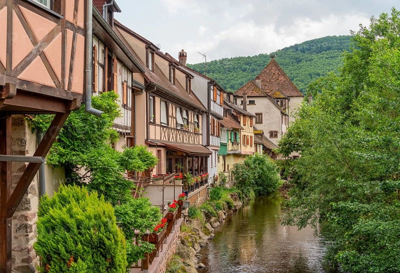 Waterside impression of Kaysersberg, a historical town and former commune in Alsace in northeastern France