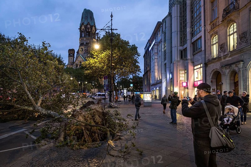 DEU Germany Germany Berlin Fire brigade operation on Kurfürstendamm. Storm Xavier had caused trees to fall onto the street. Passers-by take souvenir photos