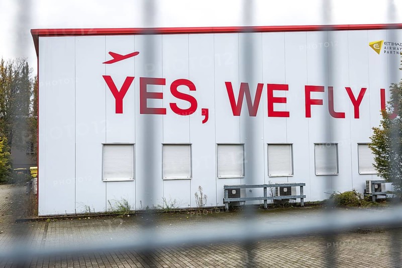 DEU Germany Germany Berlin A closed Air Berlin hangar with graffiti on Saatwinkler Damm. The airline will cease flight operations on 28 October