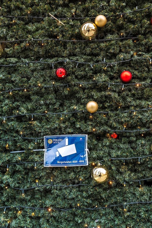 DEU Germany Germany Berlin Police sign about the video surveillance of the Christmas market at Breitscheidtplatz