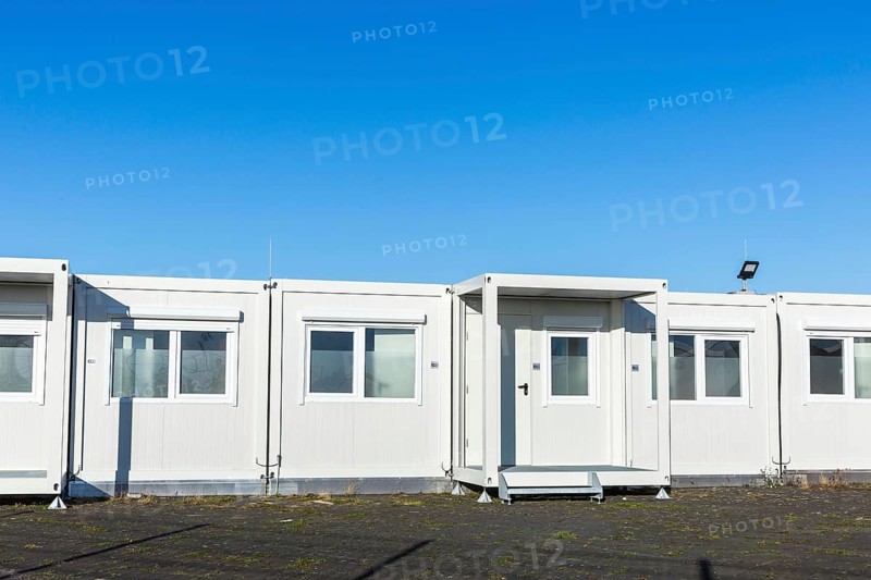 DEU Germany Germany Berlin A newly designed container village for refugees, the 'Tempohome', at the former Tempelhof airport in the city centre