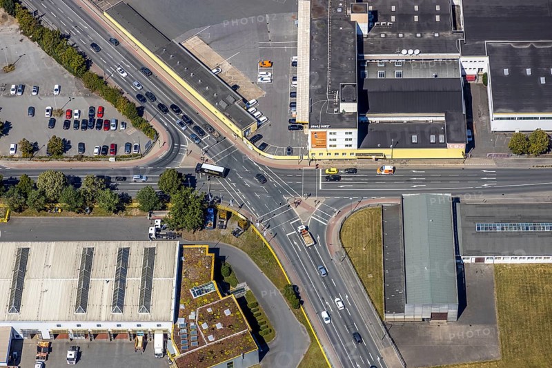 Aerial view, Hammer harbour, intersection of Römerstraße and Radbodstraße, Hamm, Ruhr area, North Rhine-Westphalia, Germany, DE, Europe, birds-eyes view, aerial view, aerial photography, aerial photography, overview, bird's eye view