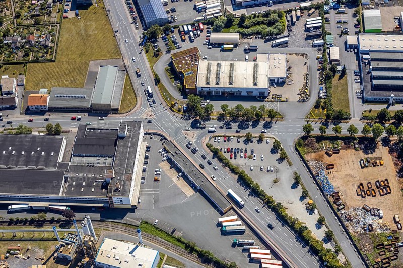 Aerial view, Hammer harbour, intersection of Römerstraße and Radbodstraße, Hamm, Ruhr area, North Rhine-Westphalia, Germany, DE, Europe, birds-eyes view, aerial view, aerial photography, aerial photography, overview, bird's eye view
