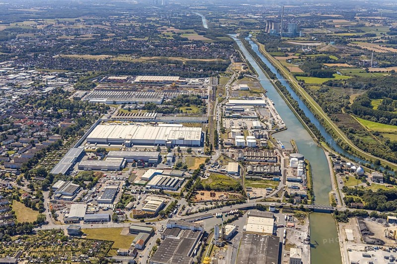Aerial view, Hammer harbour, intersection of Römerstraße and Radbodstraße, Hamm, Ruhr area, North Rhine-Westphalia, Germany, DE, Europe, birds-eyes view, aerial view, aerial photography, aerial photography, overview, bird's eye view