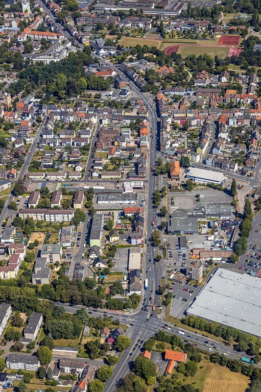 Aerial view, course of Wilhemstraße with new district centre, between former LEZ, now Kaufland in the west and former Thyssen administration at the main station, Hamm, Ruhr area, North Rhine-Westphalia, Germany, DE, Europe, birds-eyes view, aerial view, aerial photography, aerial photography, overview, bird's eye view