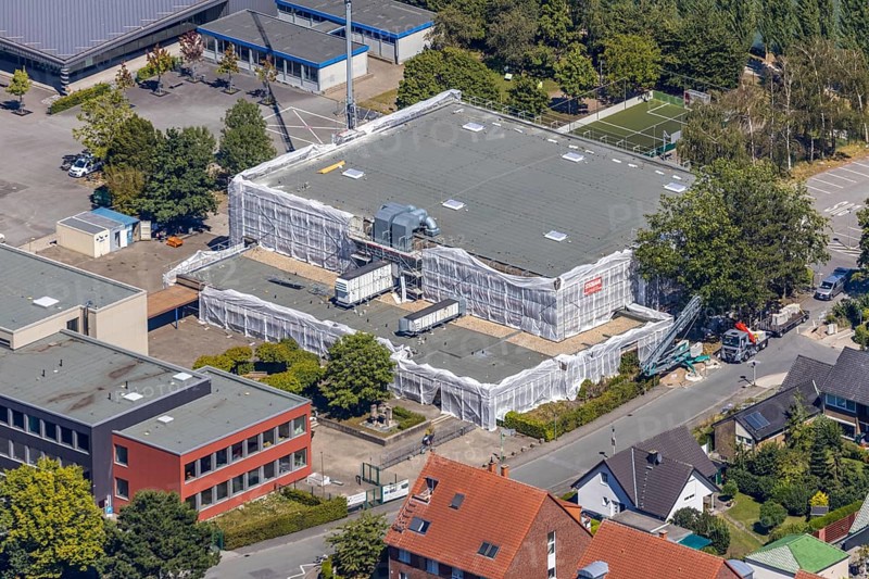 Aerial view, gymnasium renovation Märkisches Gymnasium Hamm, Hamm, Ruhr area, North Rhine-Westphalia, Germany, DE, Europe, birds-eyes view, aerial photography, aerial photography, overview, overview, bird's eye view