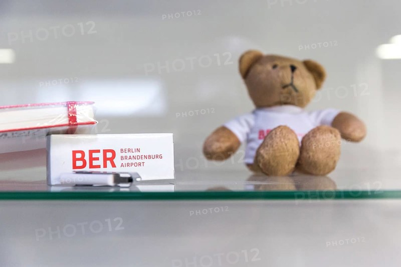 DEU Germany Germany Berlin Views of BER Berlin Brandenburg Airport, scheduled to open in 2020. Showcase with souvenirs in the dialogue centre