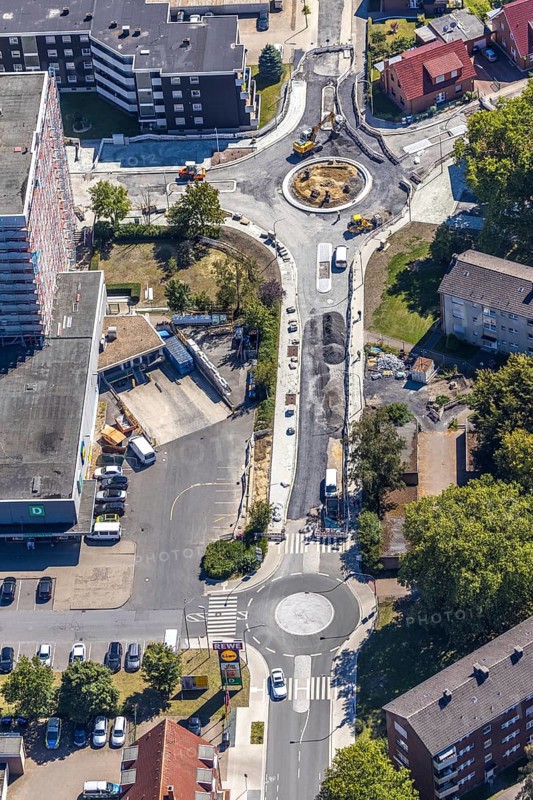 Aerial view, road construction, Baumerstrasse, Rautensteinstrasse, Friedrich-Ebert-Strasse, roundabouts, Bockum-Hövel, Hamm, Ruhr area, North Rhine-Westphalia, Germany, DE, Europe, birds-eyes view, aerial photography, aerial photography, overview, bird's eye view