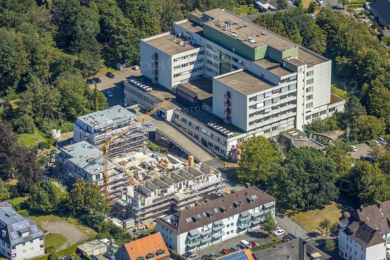 Aerial view, new construction of a residential complex next to the Josef-Hospital, Malteser-Hospital, Hohenhöveler Straße, Klemmestraße, Bockum-Hövel, Hamm, Ruhr area, North Rhine-Westphalia, Germany, DE, Europe, birds-eyes view, aerial view, aerial photography, aerial photography, overview, bird's eye view