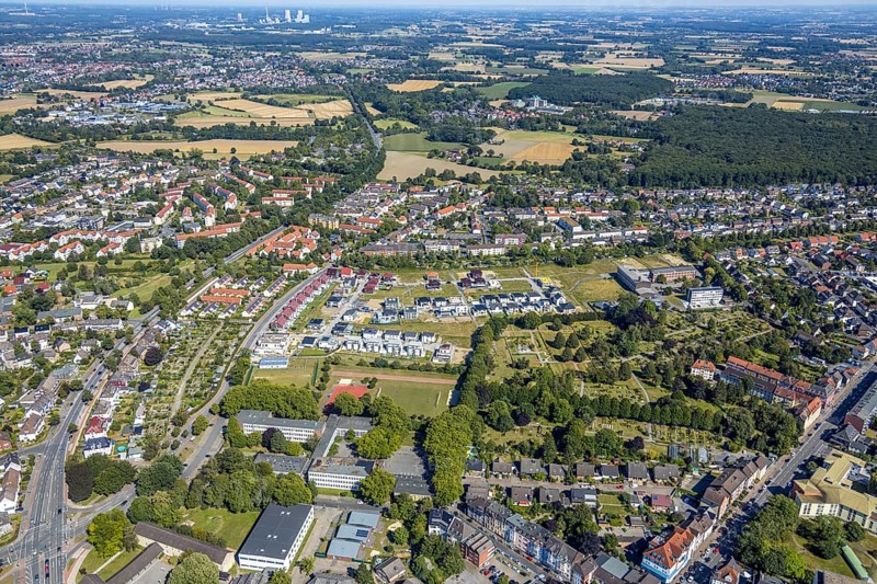 Aerial view, new building area next to Beisenkamp, Ida-Goldstein-Straße - Sophie-Buschkötter-Straße - Johannes-Schwering-Straße, Hamm, Ruhr area, North Rhine-Westphalia, Germany, DE, Europe, birds-eyes, view, aerial photograph, aerial photography, aerial photography, overview, overview, bird's eye view, living, flat, houses, residential buildings, housing estate, settlement